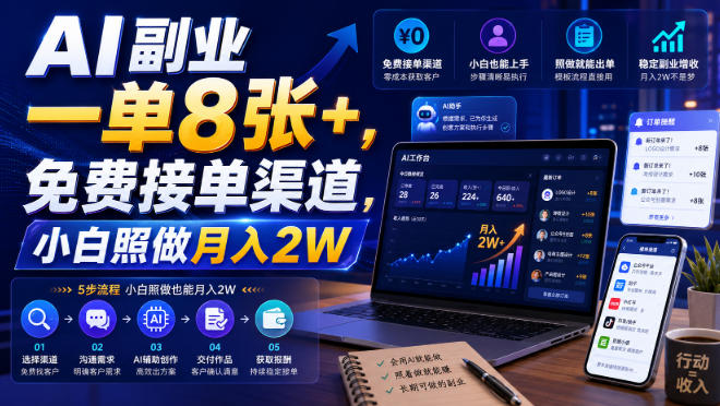 AI副业一单8张+，免费接单渠道，小白照做月入2W【揭秘】