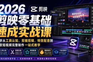 2026剪映零基础速成实战课|新手从工具认知、剪辑剪辑、特效配音到爆款短视频完整制作一站式教学