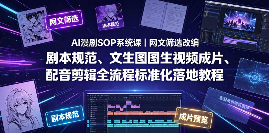 AI漫剧SOP系统课｜网文筛选改编、剧本规范、文生图图生视频成片、配音剪辑全流程标准化落地教程（更新0810）