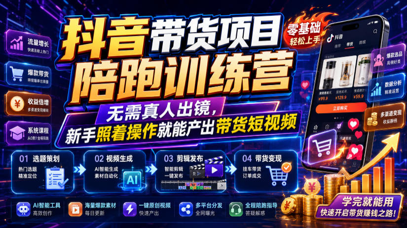抖音带货项目陪跑训练营，无需真人出镜，新手照着操作就能产出带货短视频（更新0811）