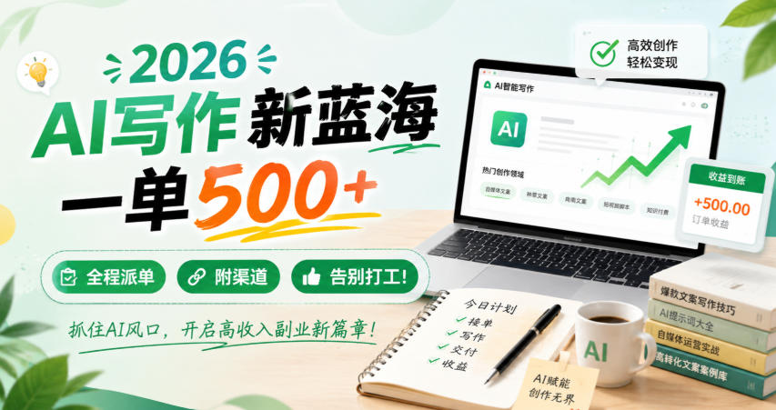 2026 AI写作新蓝海，一单500+，全程派单，附渠道，告别打工！【揭秘】