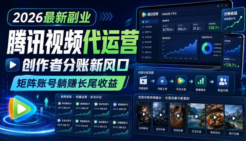 2026最新副业之腾讯视频代运营：创作者分账新风口，矩阵账号躺賺长尾收益【揭秘】