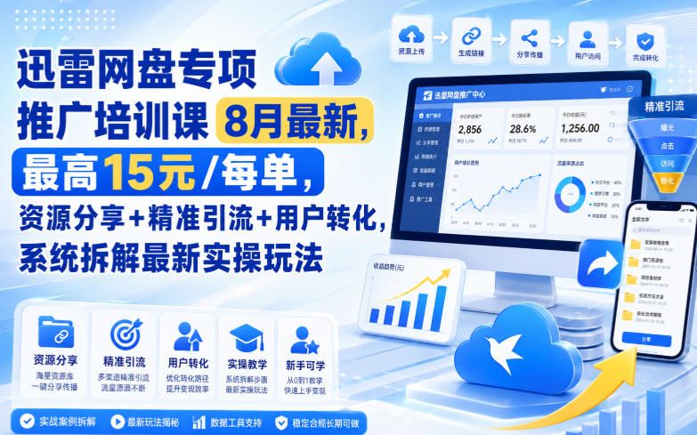 迅雷网盘专项推广培训课8月最新，最高15米/每单，资源分享+精准引流+用户转化，系统拆解最新实操玩法（持续更新）