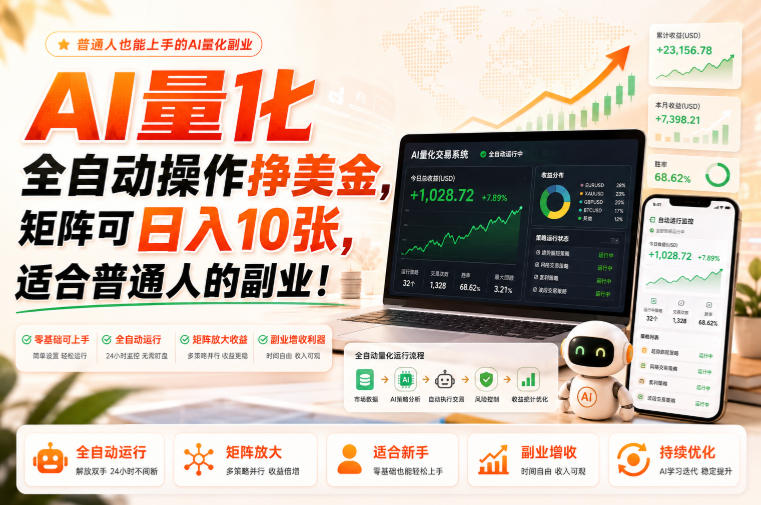 AI量化全自动操作挣美金，矩阵可日入10张，适合普通人的副业！【揭秘】