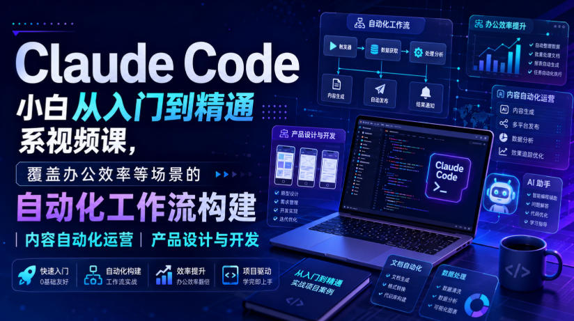 Claude Code小白从入门到精通系视频课，覆盖办公效率等场景的自动化工作流构建|内容自动化运营|产品设计与开发