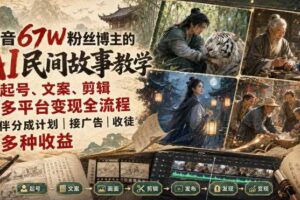 抖音67W粉丝博主的AI民间故事教学，从起号、文案、剪辑到多平台变现全流程，伙伴分成计划接广告等多种收益，月入1W+
