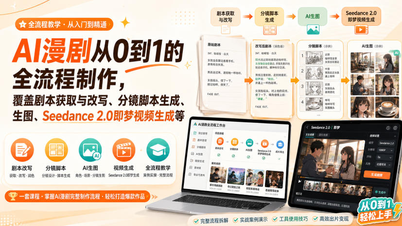 AI漫剧从0到1的全流程制作，覆盖剧本获取与改写、分镜脚本生成、角色场景生图与三视图、Seedance 2.0即梦视频生成（PDF版）