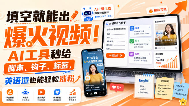 填空就能出爆火视频！AI工具秒给脚本、钩子、标签，英语渣也能轻松涨粉【原创双语字幕】