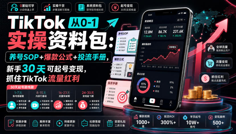 TikTok从0-1实操资料包:养号SOP+爆款公式+投流手册,新手30天可起号变现,抓住TikTok流量红利