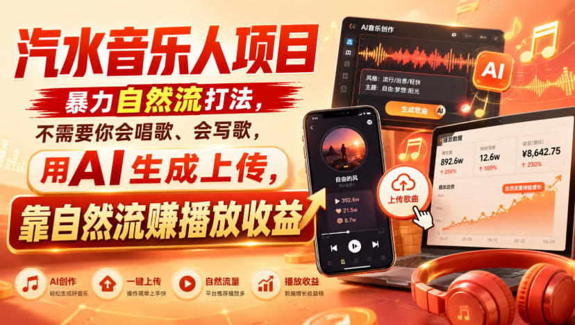 汽水音乐人项目，暴力自然流打法，不需要你会唱歌、会写歌，用AI生成上传，靠自然流賺播放收益