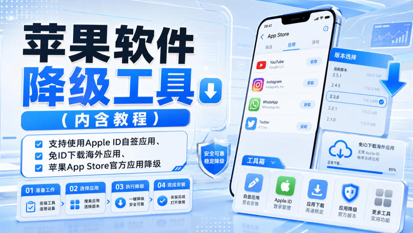 苹果软件降级工具（内含教程），支持使用Apple ID自签应用、免ID下载海外应用、苹果App Store官方应用降级等
