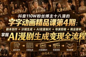 抖音110W粉丝博主十八漫的字字动画精品课第4期：剧本创作+分镜生成+剪辑+商业接单，掌握AI漫剧生成变现全流程