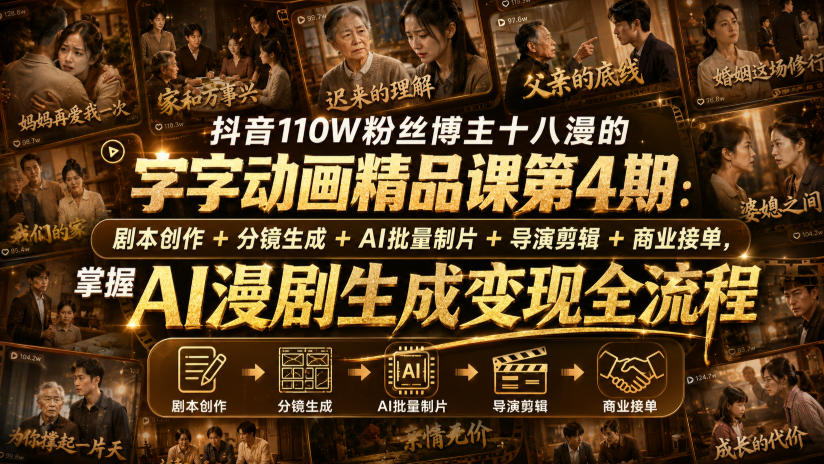 抖音110W粉丝博主十八漫的字字动画精品课第4期：剧本创作+分镜生成+剪辑+商业接单，掌握AI漫剧生成变现全流程