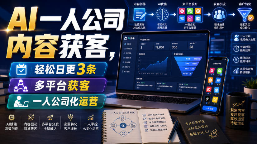 AI一人公司内容获客，轻松日更3条，多平台获客，一人公司化运营（更新0827）