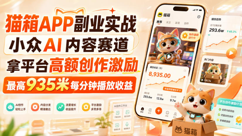 猫箱APP副业实战，小众AI内容赛道，拿平台高额创作激励，最高935米每分钟播放收益