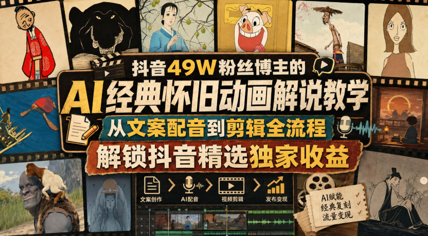 抖音49W粉丝博主的AI经典怀旧动画解说教学，从文案配音到剪辑全流程，解锁抖音精选独家收益