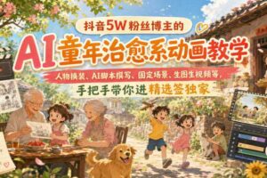 抖音5W粉丝博主的AI童年治愈系动画教学，人物换装、AI脚本撰写、固定场景、生图生视频等，手把手带你进精选签独家