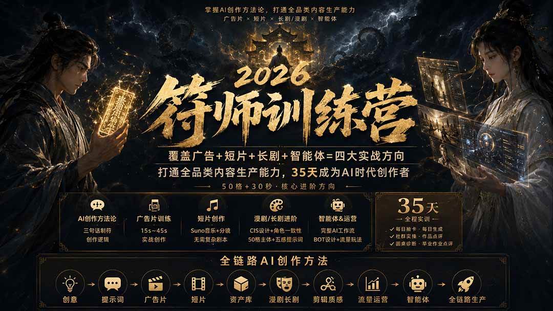 （20179期）符师训练营-35天成为AI时代创作者，广告+短片+漫剧+智能体四大实战方向，掌握从创意到上线的完整工作流