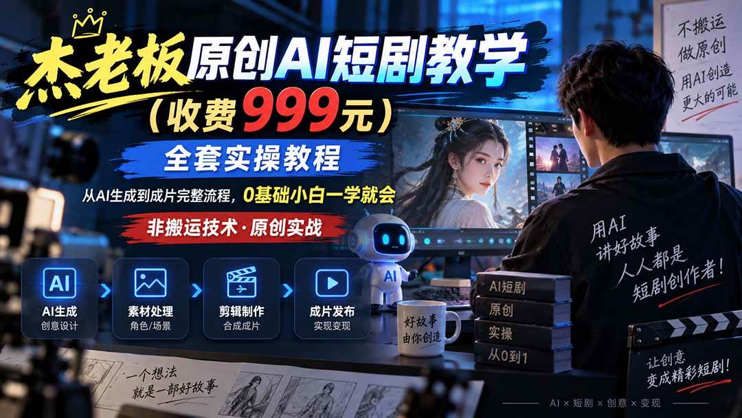 （20254期）杰老板原创AI短剧教学（收费999元），全套实操教程，0基础小白一学就会，非搬运技术