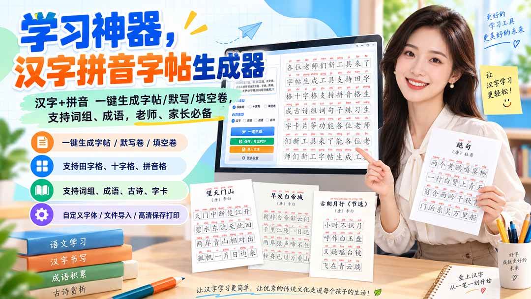 （20299期）学习神器，汉字拼音字帖生成器，汉字+拼音 一键生成字帖/默写/填空卷，支持词组、成语，老师、家长必备