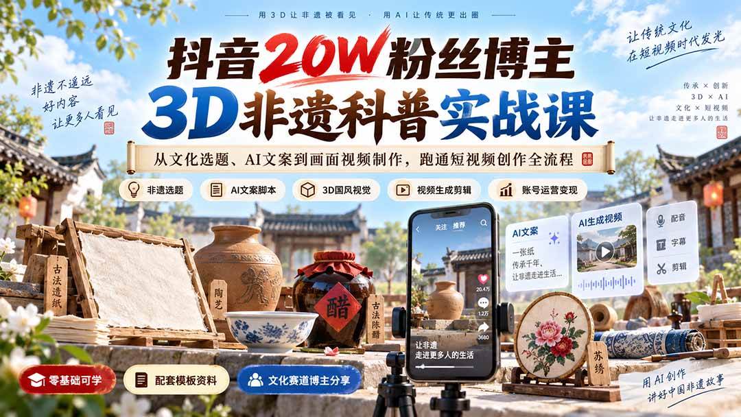 （20356期）抖音20W粉丝博主3D非遗科普实战课：从文化选题、AI文案到画面视频制作，跑通短视频创作全流程