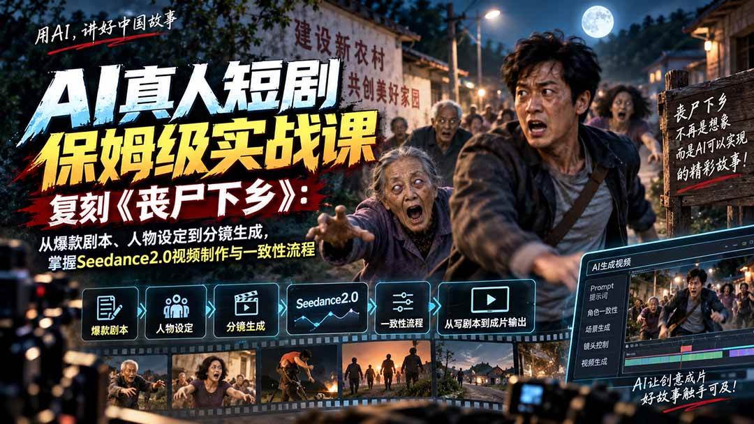 （20360期）AI真人短剧保姆级实战课，复刻《丧尸下乡》：从爆款剧本、人物设定到分镜生成，掌握Seedance2.0视频制作与一致性流程