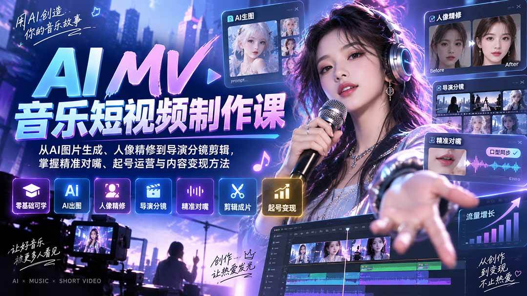 （20364期）AI MV音乐短视频制作课：从AI图片生成、人像精修到导演分镜剪辑，掌握精准对嘴、起号运营与内容变现方法