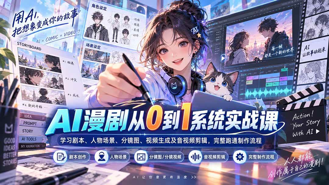 （20430期）AI漫剧从0到1系统实战课：学习剧本、人物场景、分镜图、视频生成及音视频剪辑，完整跑通制作流程
