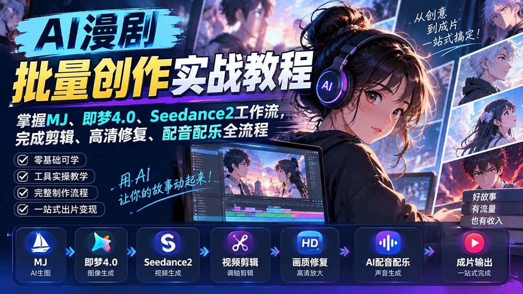 （20488期）AI漫剧批量创作实战教程：掌握MJ、即梦4.0、Seedance2工作流，完成剪辑、高清修复、配音配乐全流程