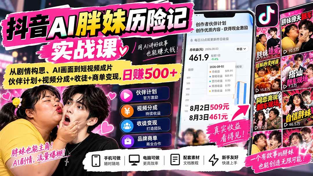 （20489期）抖音AI胖妹历险记实战课：从剧情构思、AI画面到短视频成片，伙伴计划+视频分成+收徒+商单变现，日赚500+