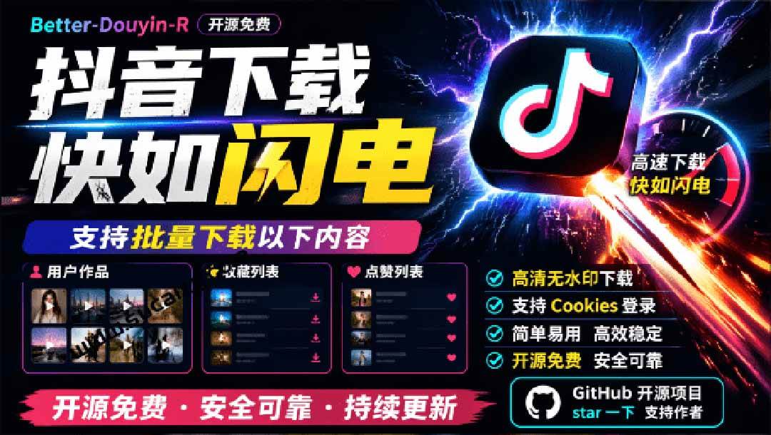 （20511期）超级好用！抖音视频下载神器，支持批量下载用户作品收藏列表和点赞列表，开源免费 Better-douyin-R
