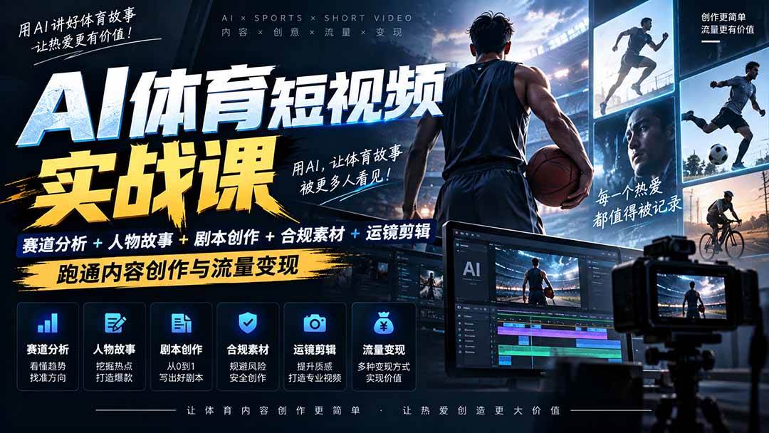 （20515期）AI体育短视频赛道顶级玩法｜赛道分析+人物故事+剧本创作+版权处理+运镜剪辑，跑通流量变现-日赚1K+