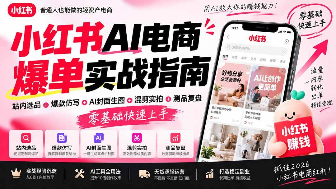 （20516期）2026小红书AI电商爆单实战指南：站内选品+爆款仿写+AI封面生图+混剪实拍+测品复盘，零基础快速上手
