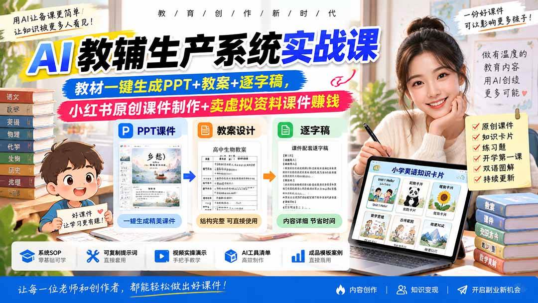 （20542期）AI教辅生产系统实战课｜教材一键生成PPT+教案+逐字稿，小红书原创课件制作+卖虚拟资料课件赚钱
