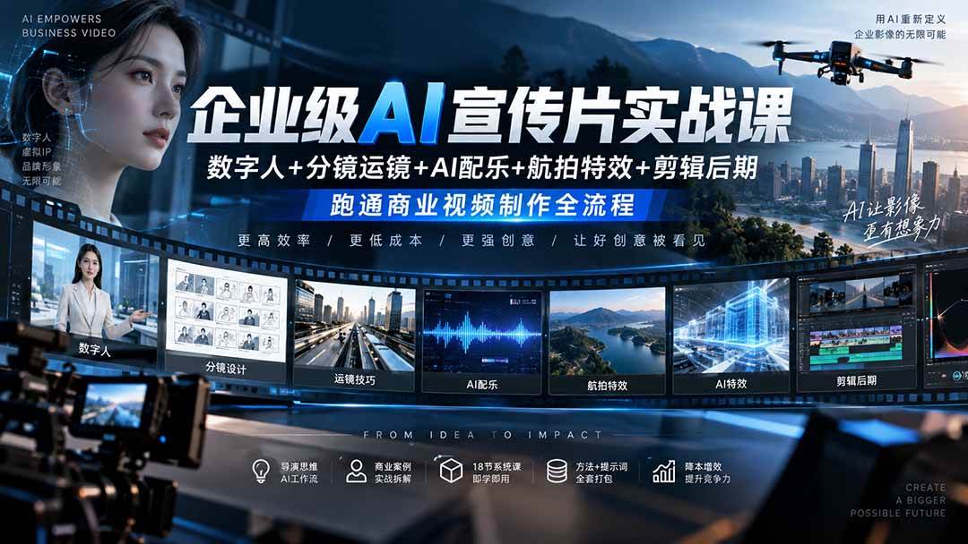 （20548期）企业级AI宣传片实战课｜数字人+分镜运镜+AI配乐+航拍特效+剪辑后期，跑通商业视频制作全流程