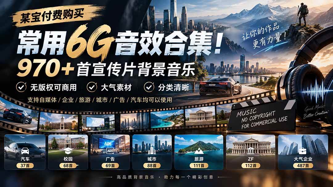 （20603期）某宝付费购买，常用6G音效合集！970+首宣传片背景音乐，无版权可商用大气素材，分类清晰