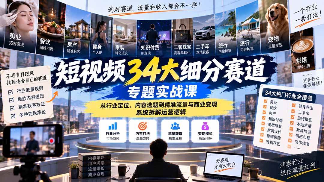 （20600期）短视频34大细分赛道专题实战课：从行业定位、内容选题到精准流量与商业变现，系统拆解运营逻辑