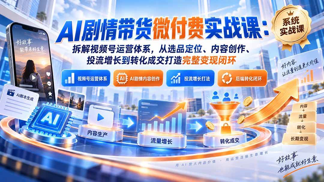 （20611期）AI剧情带货微付费实战课：拆解视频号运营体系，从选品定位、内容创作、投流增长到转化成交打造完整变现闭环