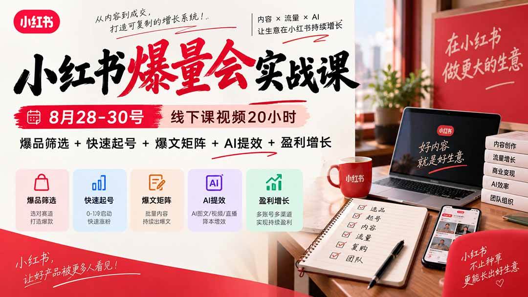 （20618期）小红书爆量会实战课-更新9月23：线下课视频20小时，爆品筛选+快速起号+爆文矩阵+AI提效+盈利增长