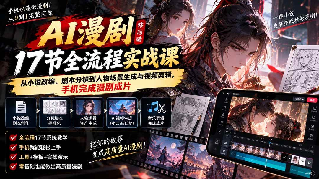 （20624期）AI漫剧移动端17节全流程实战课：从小说改编、剧本分镜到人物场景生成与视频剪辑，手机完成漫剧成片