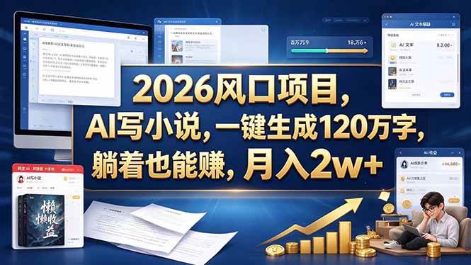 （20653期）2026 风口项目，AI 写小说，一键生成 120 万字，躺着也能赚，月入 2w +