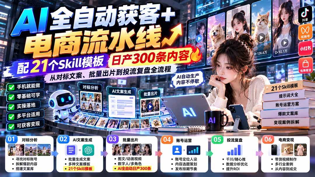 （20664期）AI全自动获客+电商流水线：配21个Skill模板，日产300条内容，从对标文案、批量出片到投流复盘全流程