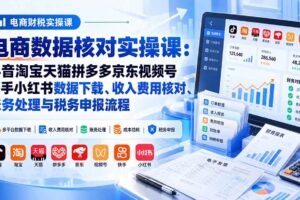 (20723期)电商数据核账实操课:抖音淘宝天猫拼多多京东视频号快手小红书数据下载、收入费用核对、账务处理与税务申报流程