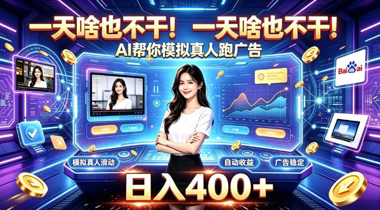 一天啥也不干！AI帮你模拟真人跑广告，稳定日入400+，实现真正被动变现【揭秘】