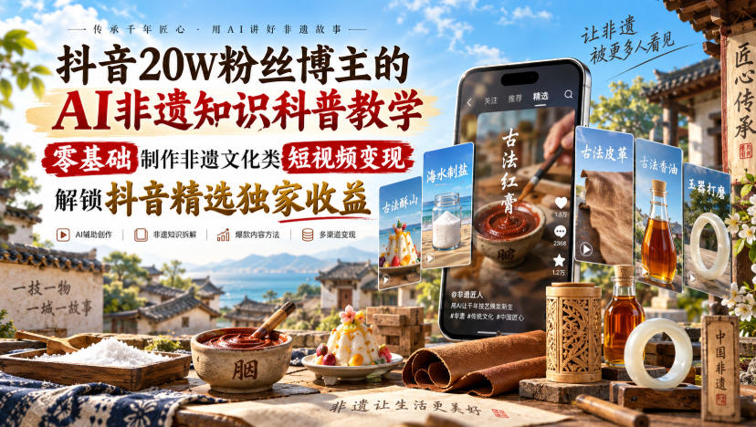 抖音20W粉丝博主的AI非遗知识科普教学，零基础制作非遗文化类短视频变现，解锁抖音精选独家收益