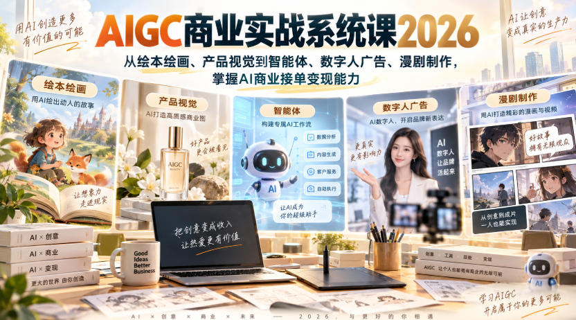 AIGC商业实战系统课2026,从绘本绘画、产品视觉到智能体、数字人广告、漫剧制作,掌握AI商业接单变现能力