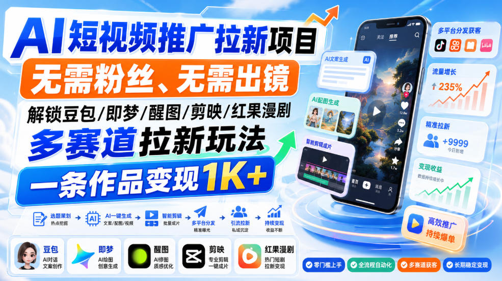 AI短视频推广拉新项目，无需粉丝、无需出镜，解锁豆包/即梦/醒图/剪映/红果漫剧多赛道拉新玩法，一条作品变现1K+（更新0910）