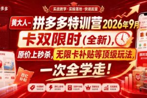 黄大人-拼多多特训营2026年9月，卡双限时(全新)，原价上秒杀，无限卡补贴等顶级玩法，一次全学走!（更新0913）