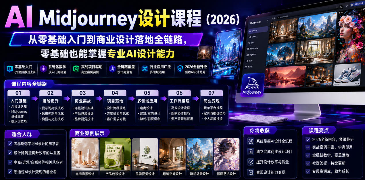 AI Midjourney设计课程（2026），从零基础入门到商业设计落地全链路，零基础也能掌握专业AI设计能力（更新0913）