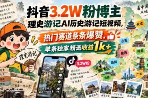 抖音3.2W粉博主理史游记AI历史游记短视频教学，热门赛道条条爆赞，单条独家精选收益1k+